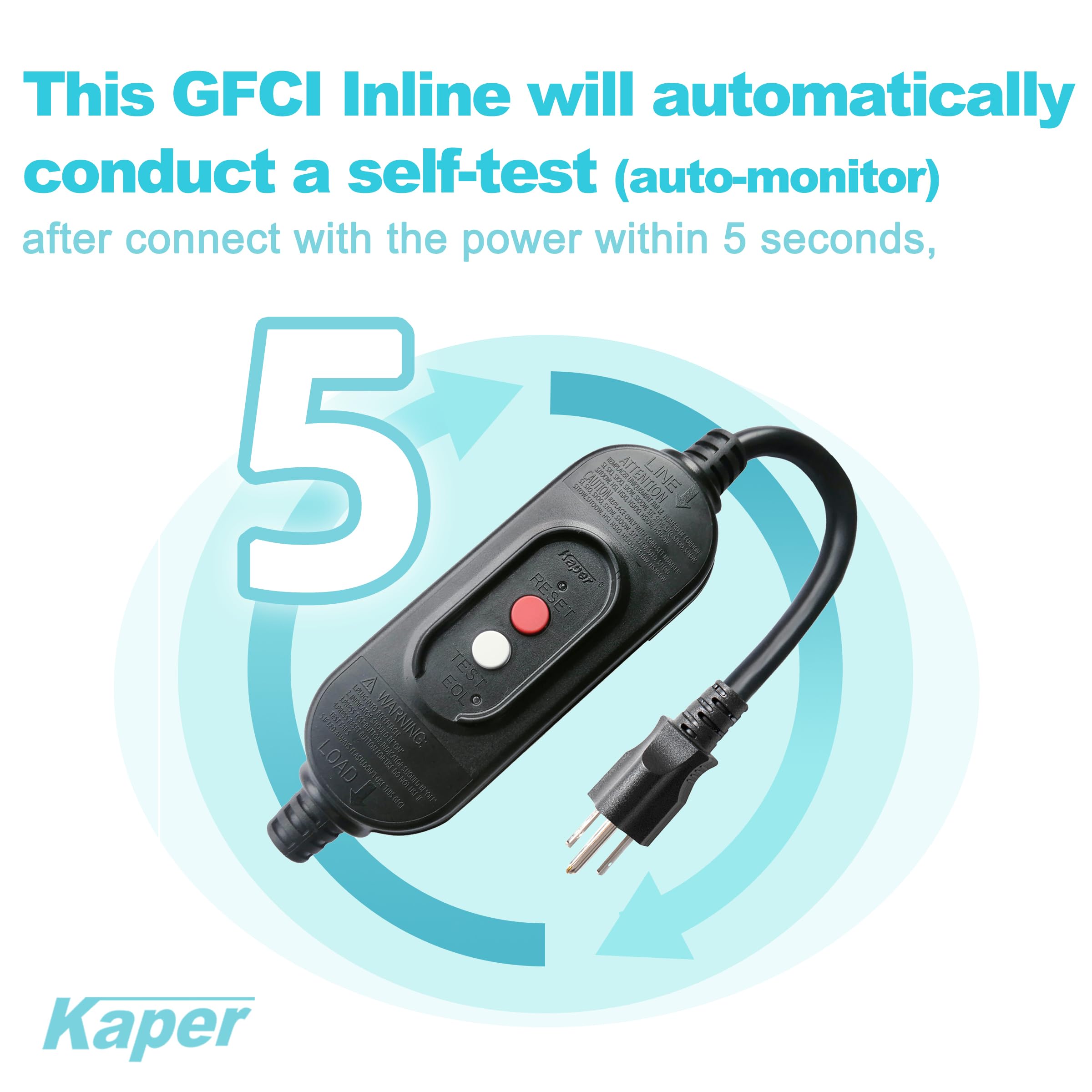 Kaper GFCI inline plug auto-monitoring feature with self-test indication