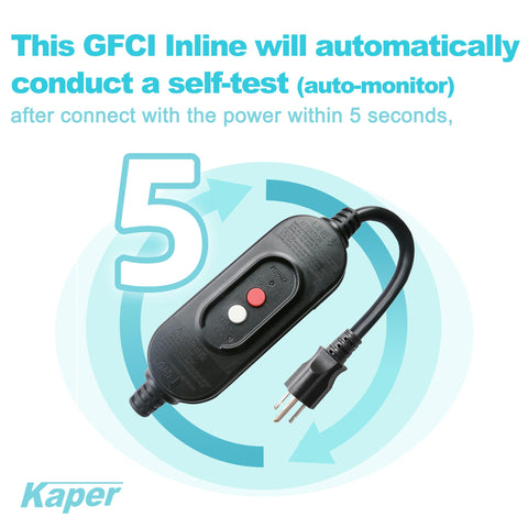 Kaper GFCI inline plug auto-monitoring feature with self-test indication