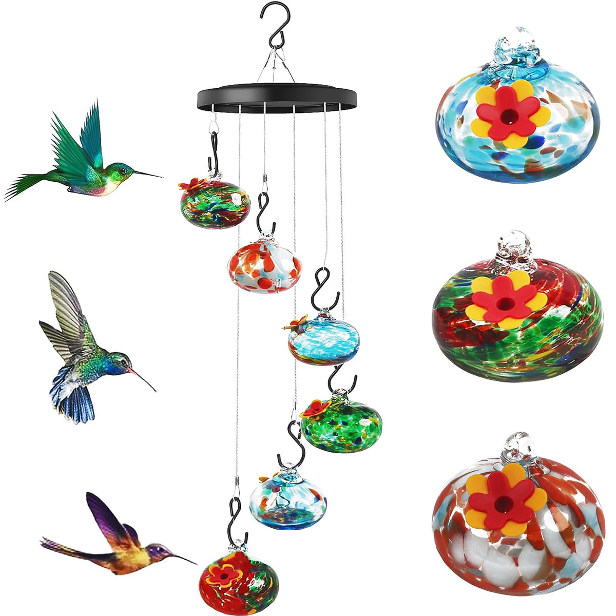 Kapihi wind chimes hummingbird feeder outdoors enhances garden ambiance.