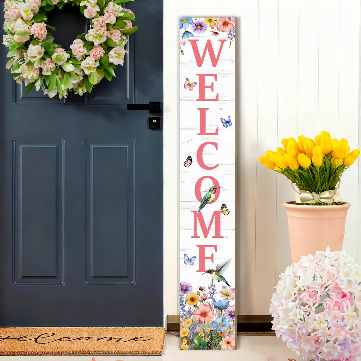 KAPLIPE hummingbird welcome sign on a sunny front porch adds seasonal charm.