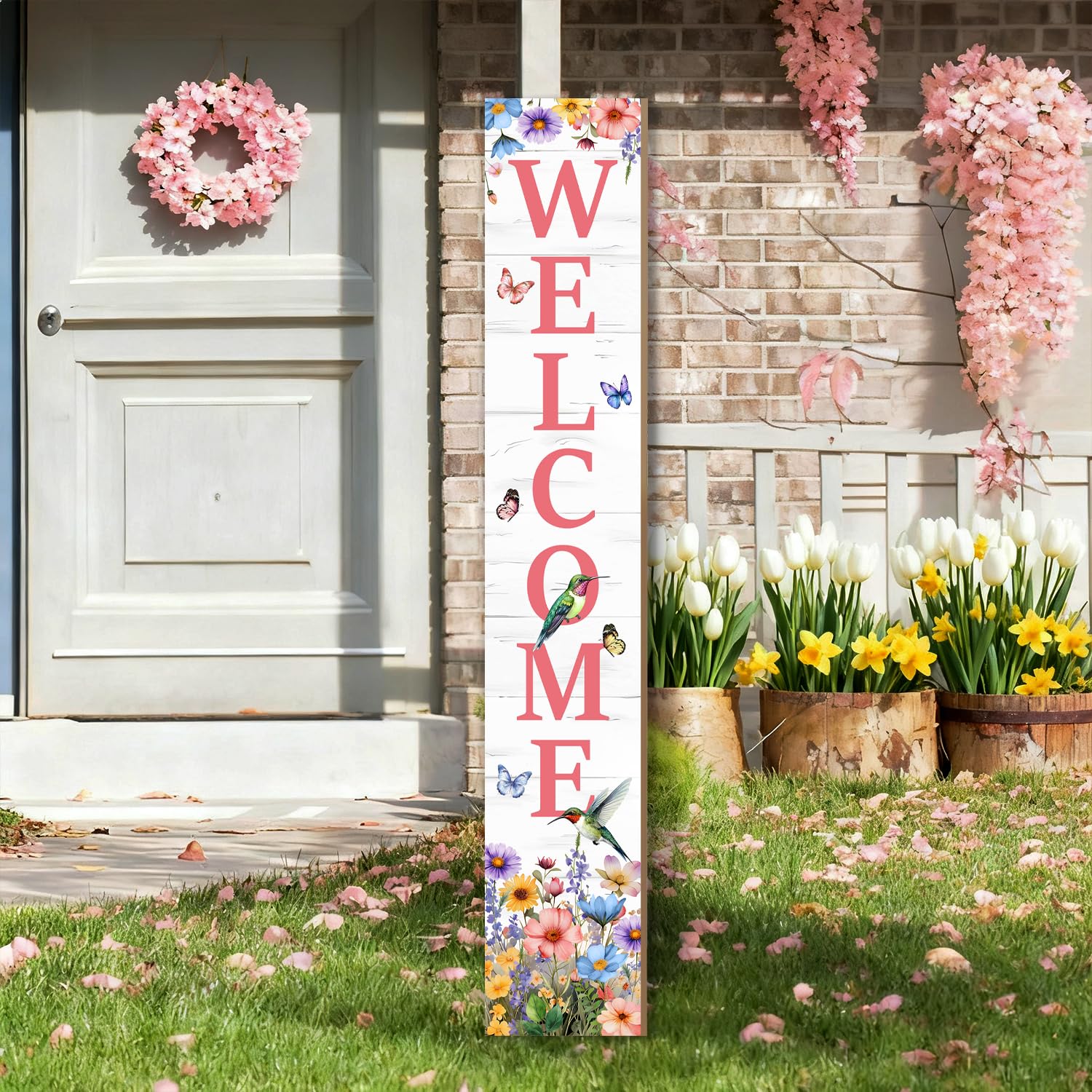 KAPLIPE spring hummingbird flowers welcome sign brightens entryway décor.