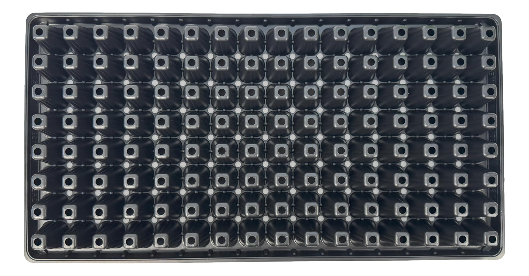 Kapok Candle Co 128-cell seedling tray close-up of cell spacing for uniform germination.