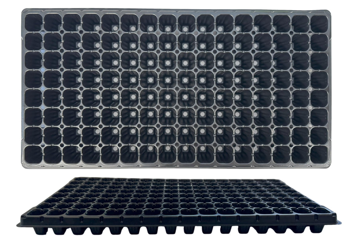Kapok Candle Co 128-cell seedling tray front view for organized seed starting.