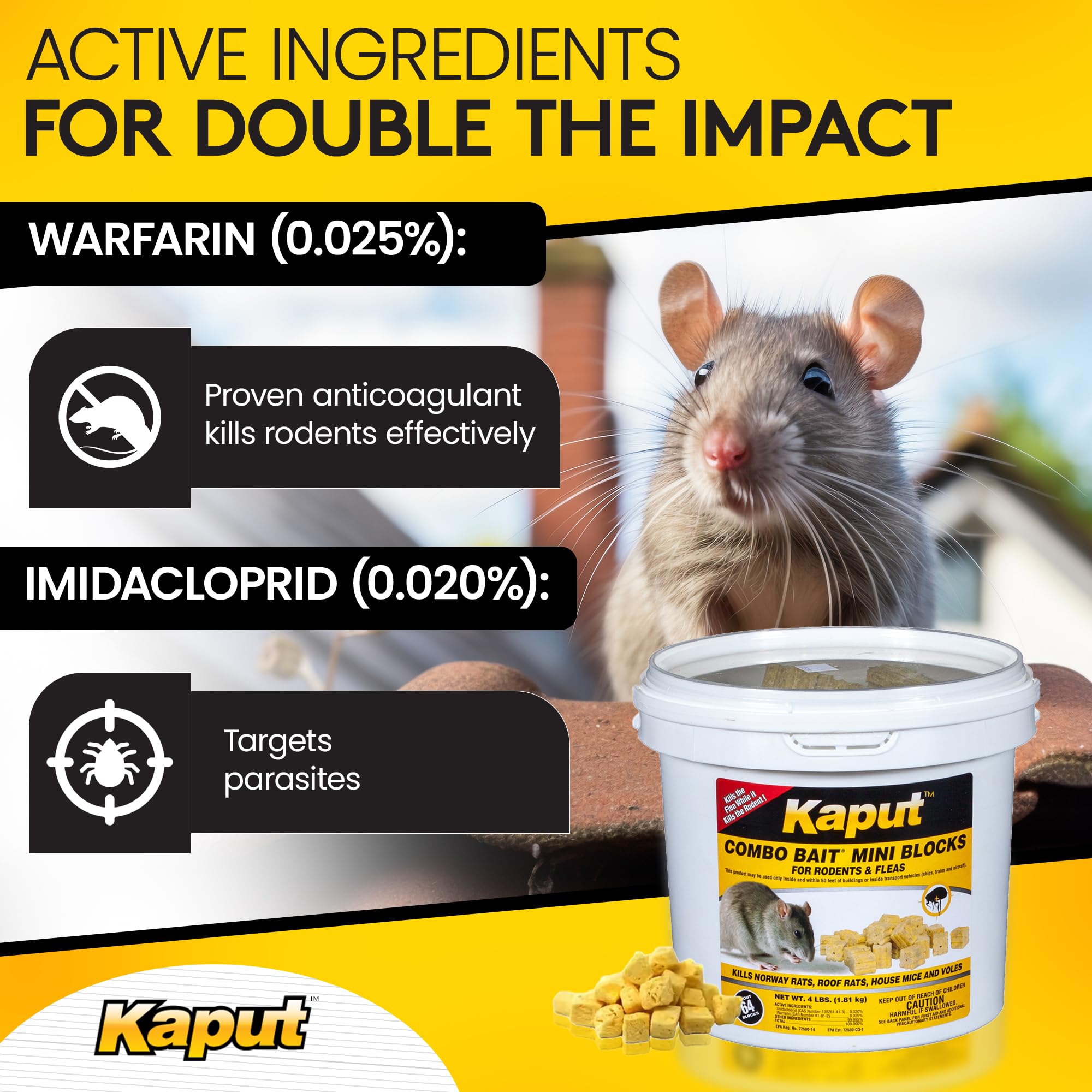 Kaput Combo Bait blocks closeup showing durable, mess-free formulation for easy placement