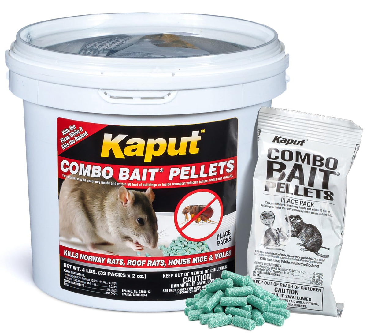 Kaput Combo Bait Pellets packets ready for easy placement and pest control.