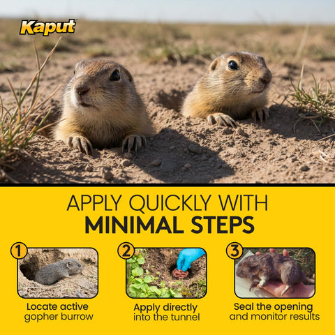 Kaput-D gopher bait approved for crop areas and lawns.