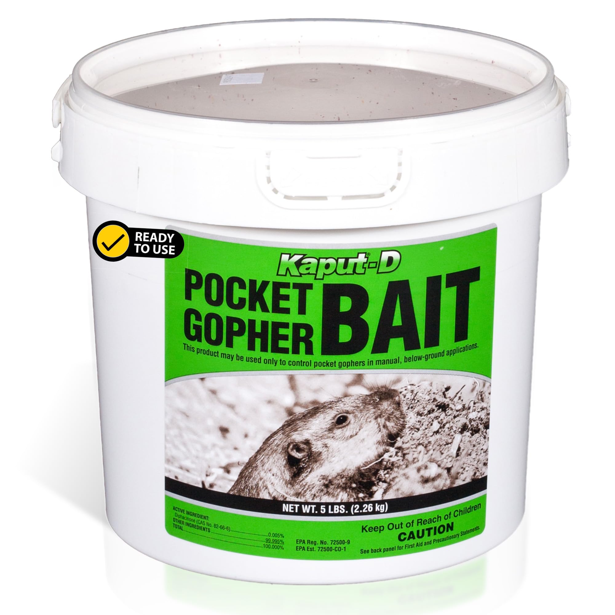 Kaput-D Pocket Gopher Bait ready-to-use grains for quick lawn control.