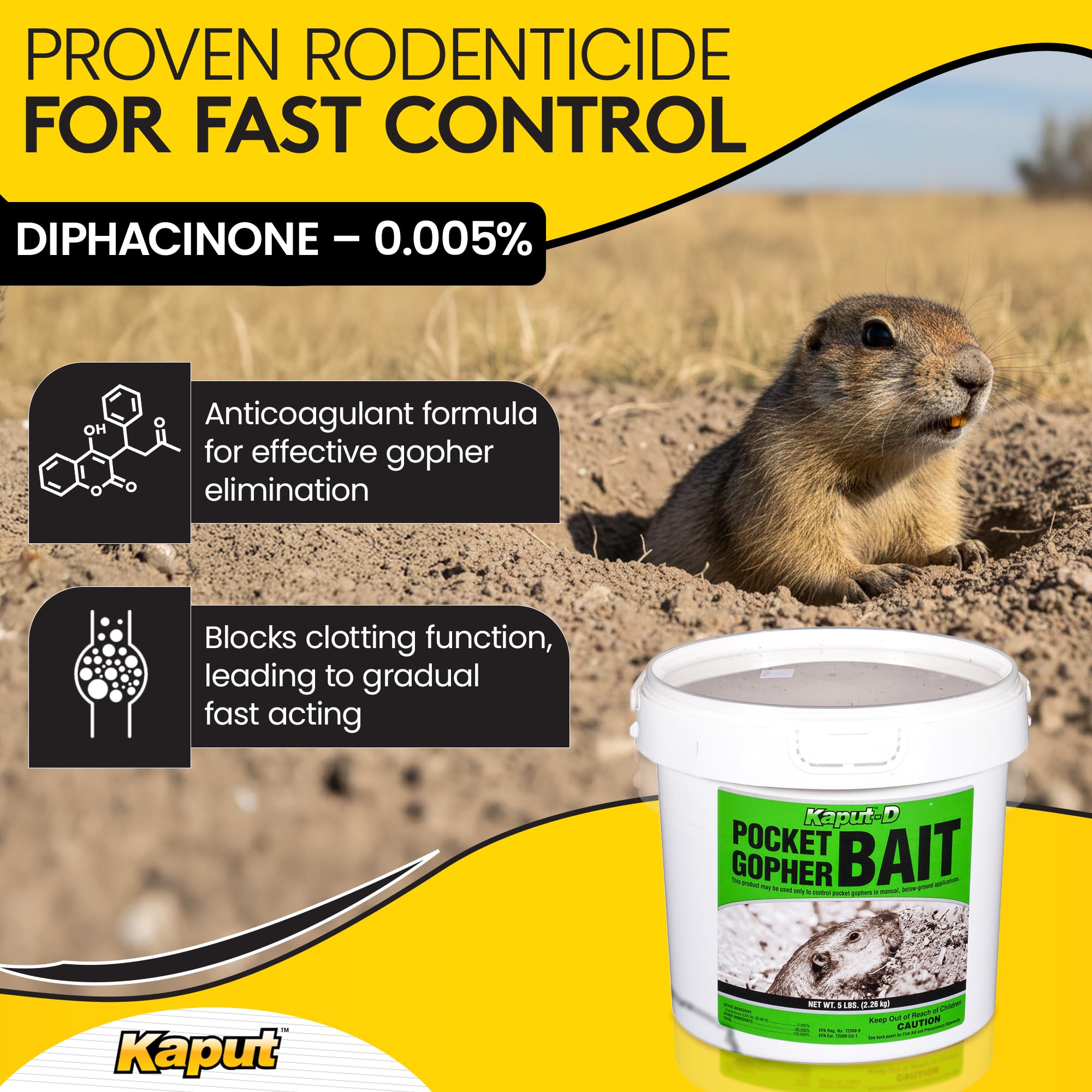 Kaput-D gopher bait with wheat grains for direct tunnel placement.