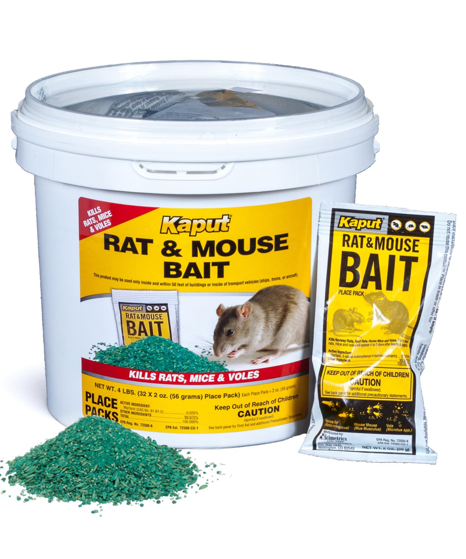 Kaput rat and mouse bait packets ready for indoor placement to curb infestations.