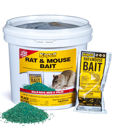 Kaput rat and mouse bait packets ready for indoor placement to curb infestations.