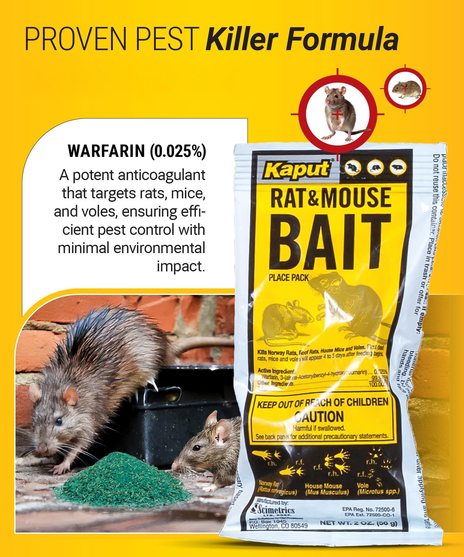 Kaput bait packets designed for indoor use near buildings to target rodents.