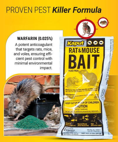 Kaput bait packets designed for indoor use near buildings to target rodents.