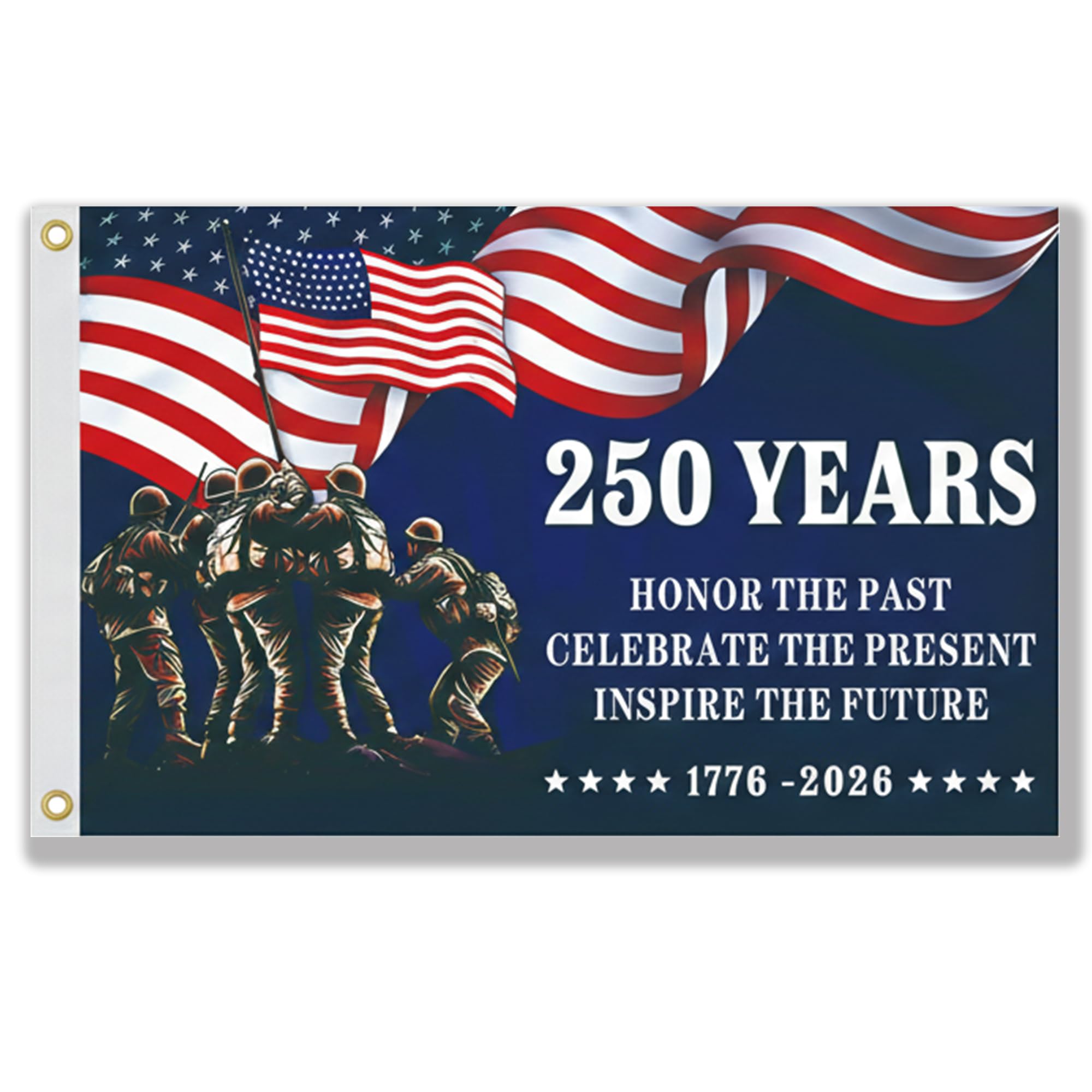 KARAVA 250th anniversary flag front view for home display with bold patriotic imagery.