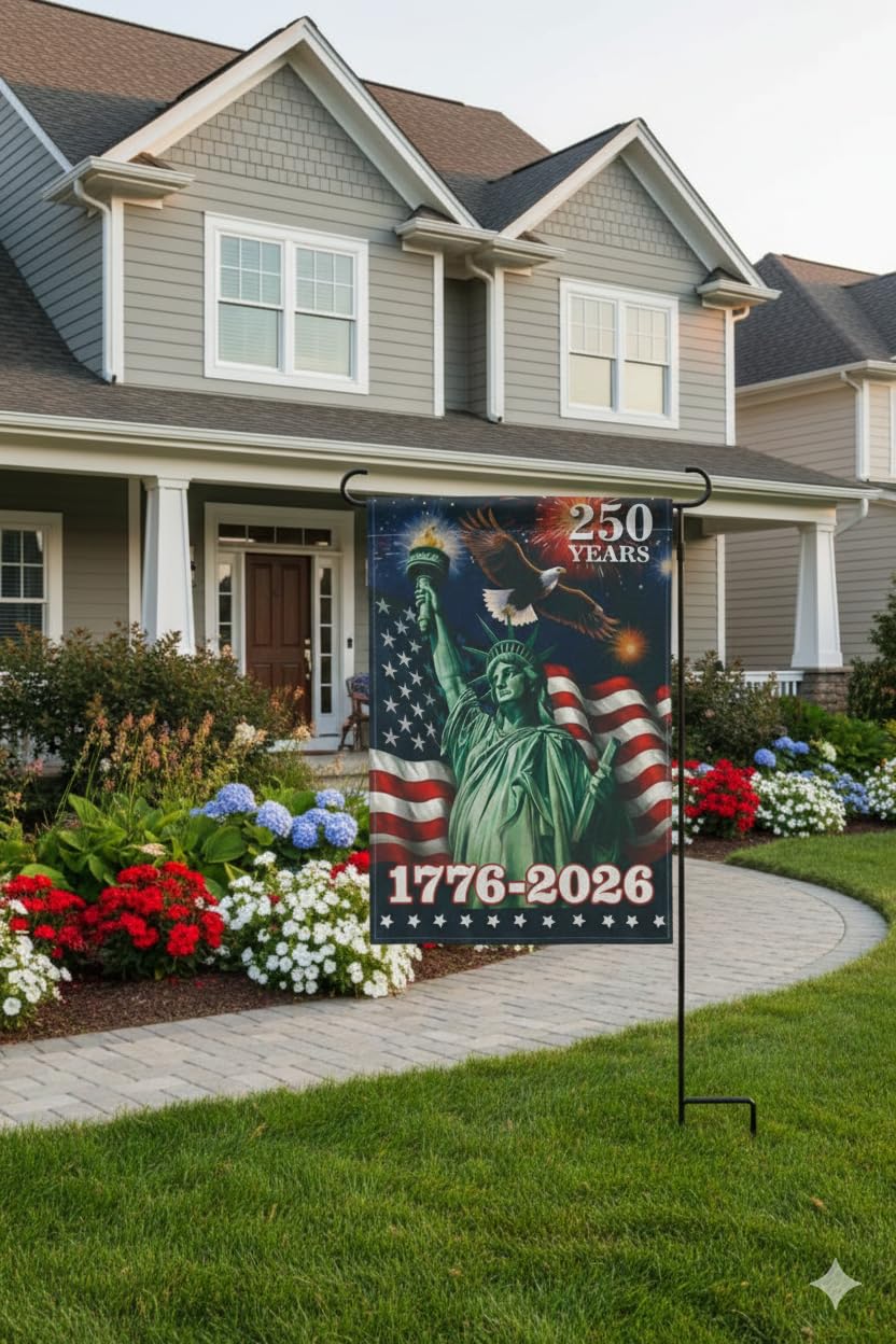KARAVA USA 250th Anniversary garden flag side view showing double-sided print.