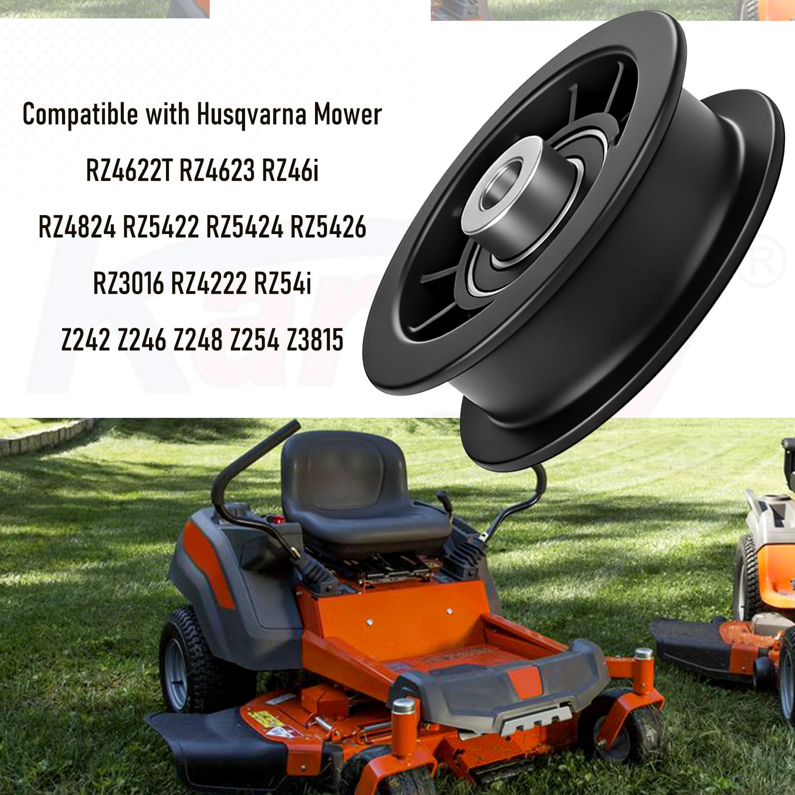 Karbay flat idler pulley 539110311 compatibility image highlights use with Husqvarna and Poulan.