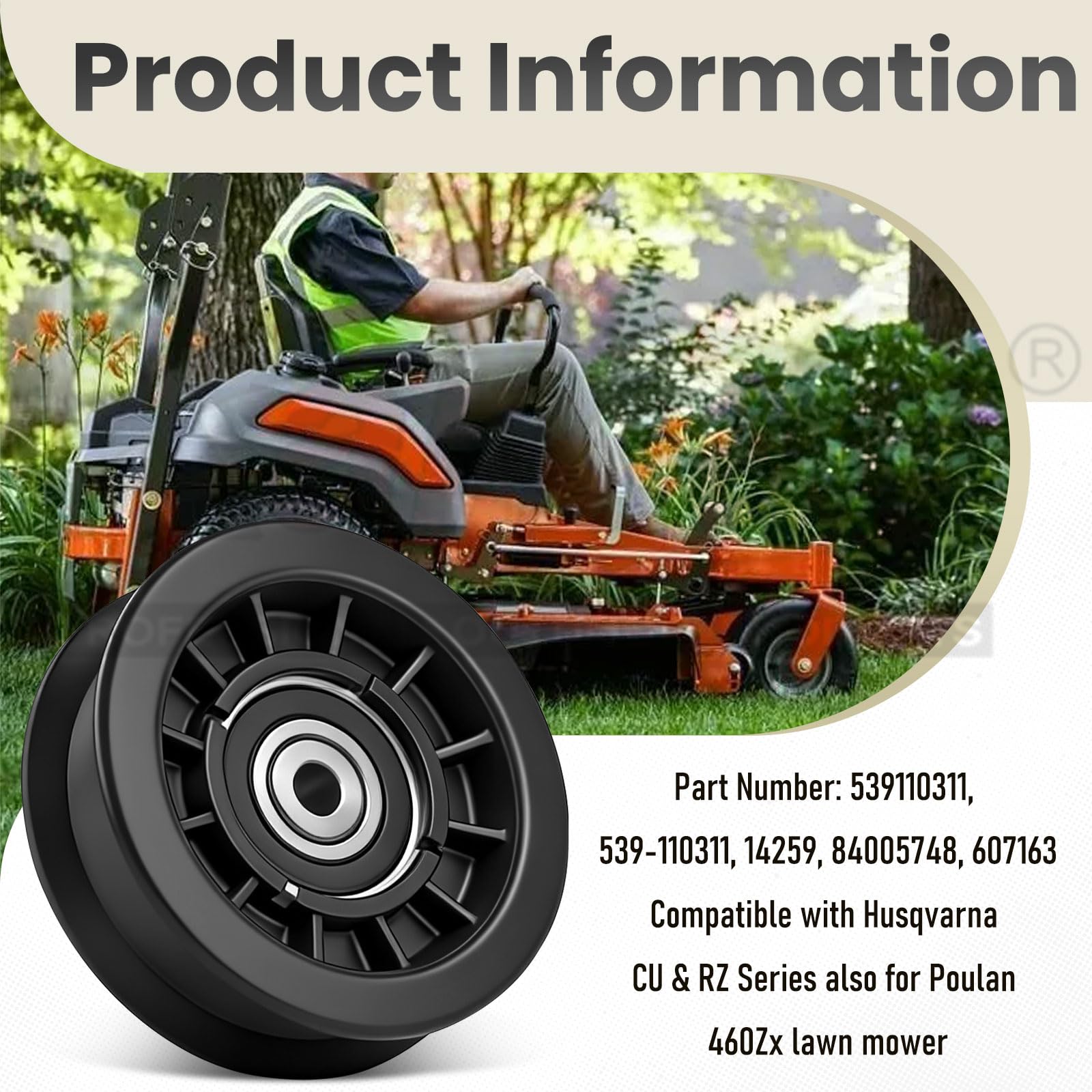 Karbay flat idler pulley 539110311 dimensions close-up shows inner 3/8 in and outer 3-1/2 in.