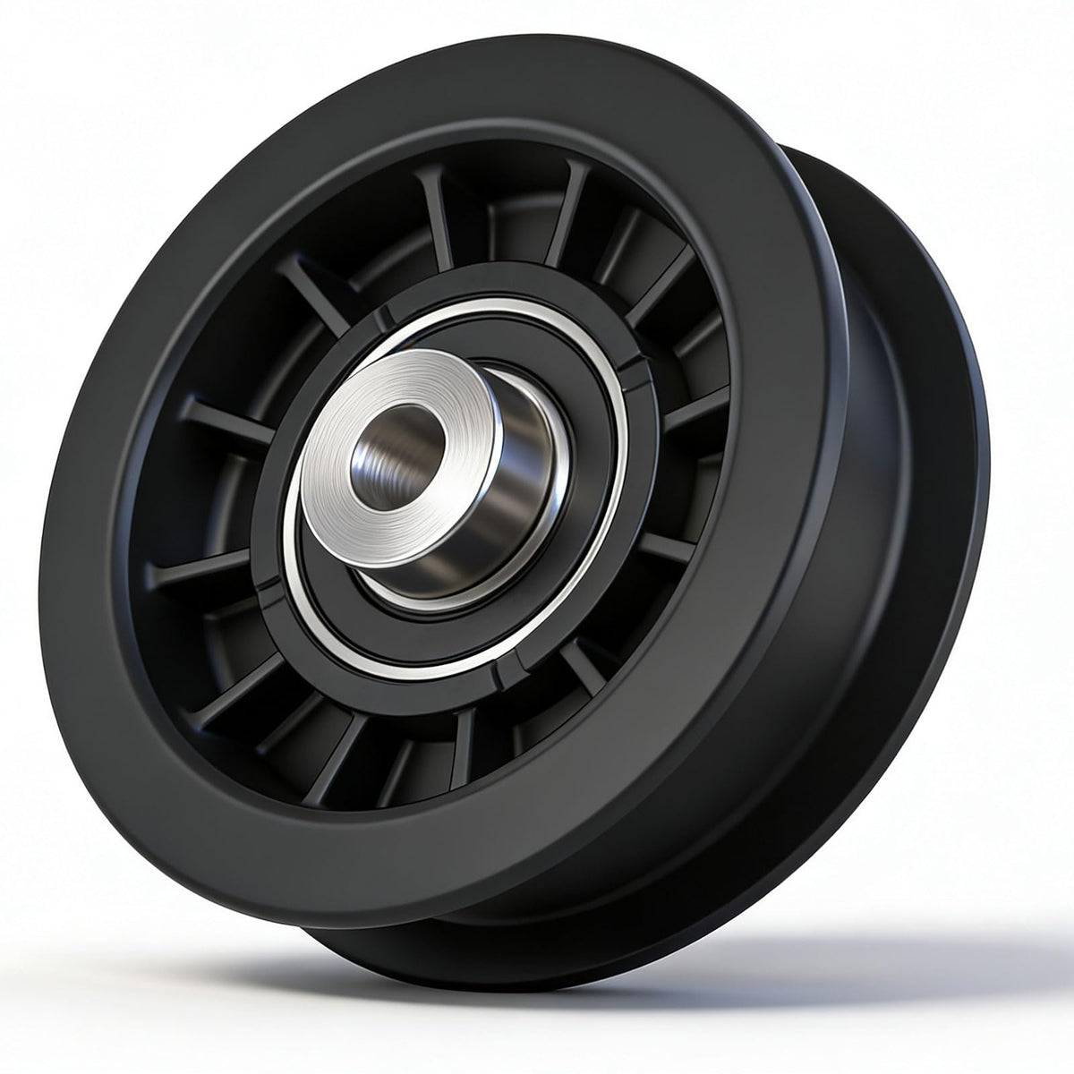 Karbay flat idler pulley 539110311 side view highlighting durable bearings for smoother belt movement.