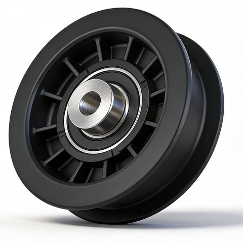 Karbay flat idler pulley 539110311 side view highlighting durable bearings for smoother belt movement.