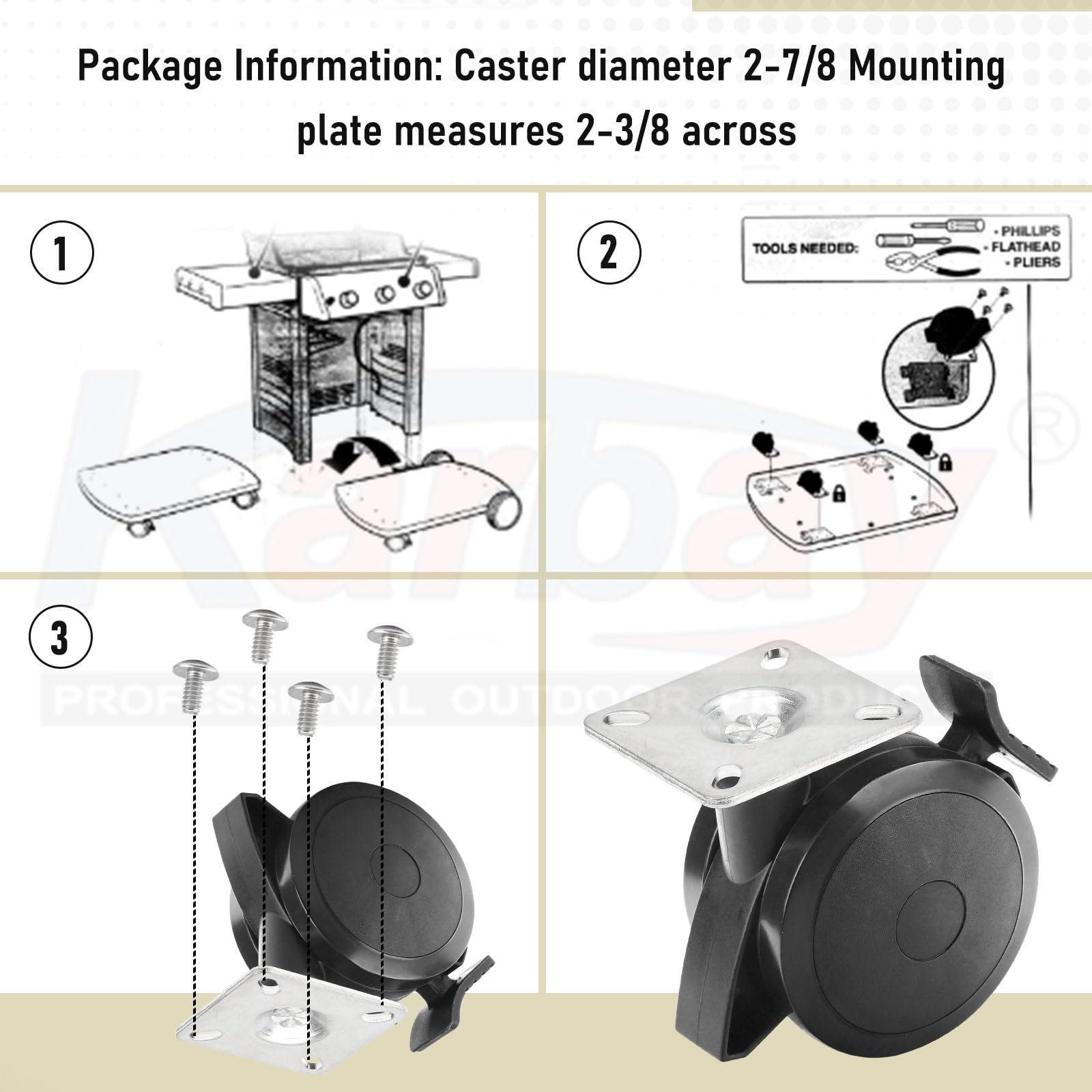 Karbay locking caster plate and screws detail emphasizes quick installation