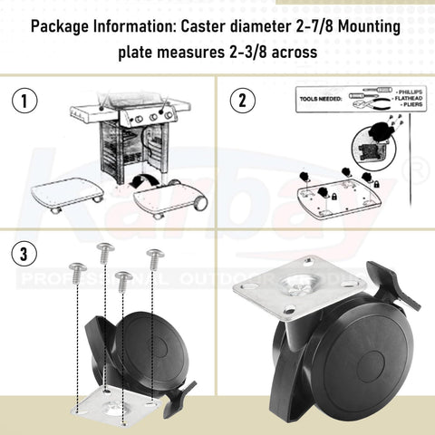 Karbay locking caster plate and screws detail emphasizes quick installation