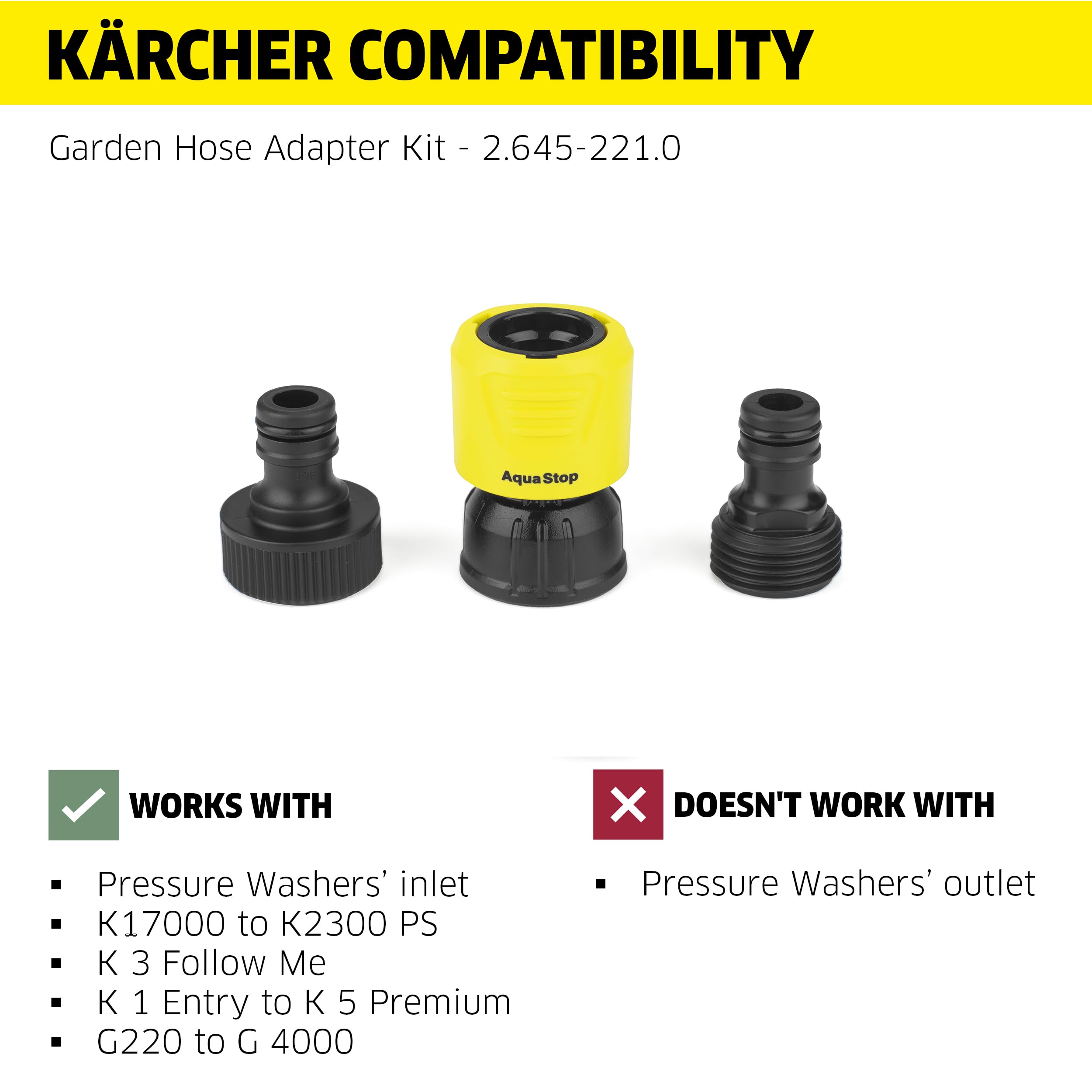 Kärcher quick-connect assembly shows three-piece kit for easy compatibility.