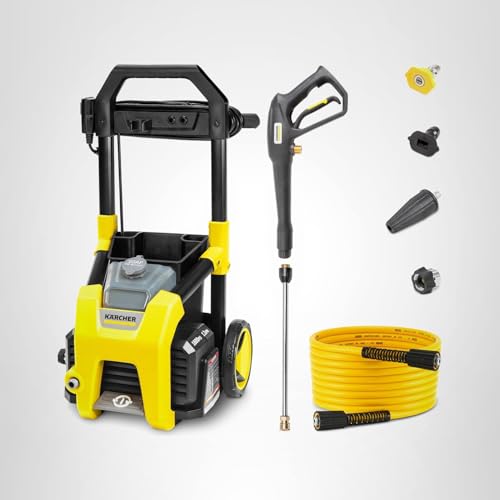 Kärcher K1800PS in-use cleaning action on patio showing dirt removal.