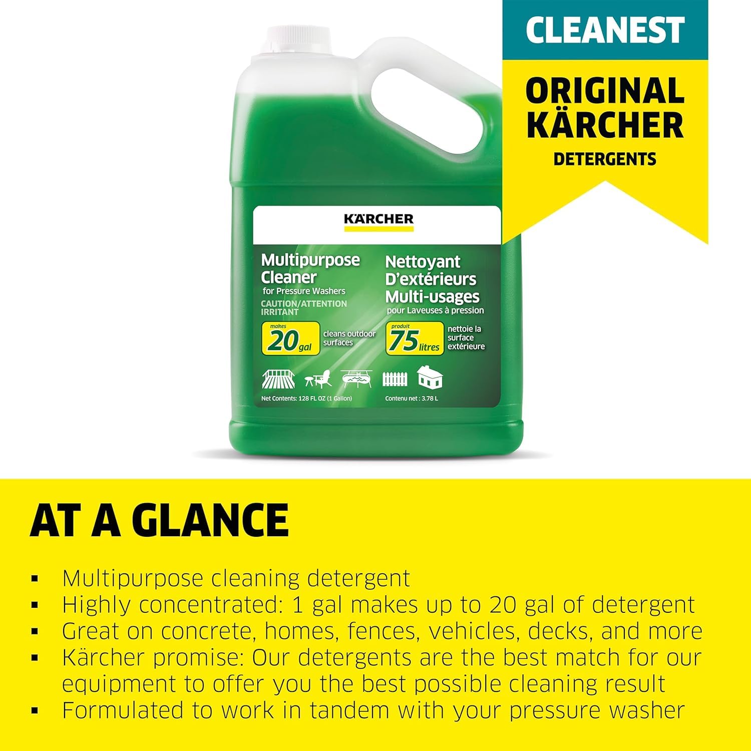 Karcher detergent concentrate bottle highlighting high concentration for up to 20 gallons