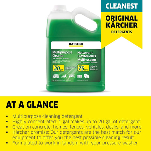 Karcher detergent concentrate bottle highlighting high concentration for up to 20 gallons