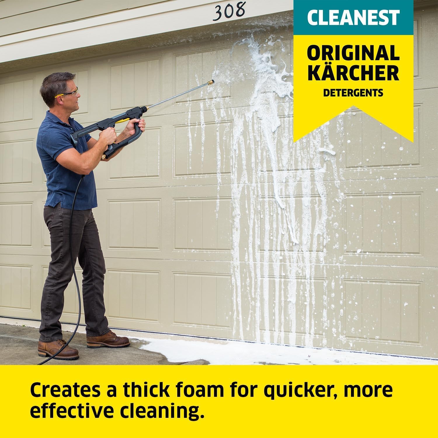 Karcher pressure washer cleaning a driveway with detergent demonstrated