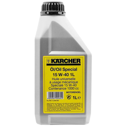Karcher pump oil bottle label shows synthetic 15W40 for pump longevity