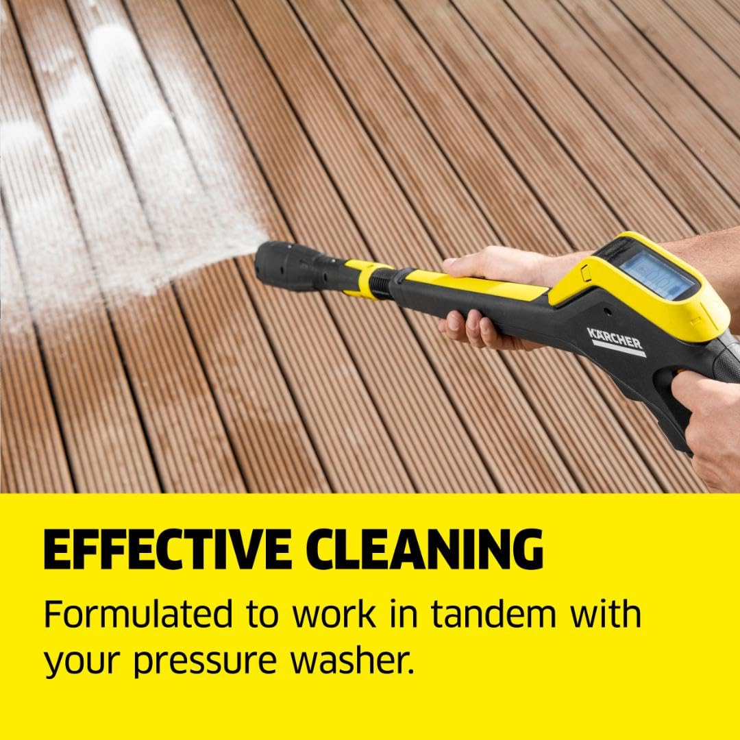 Kärcher cleaner being sprayed; fast-acting action on wood, composites, and PVC.