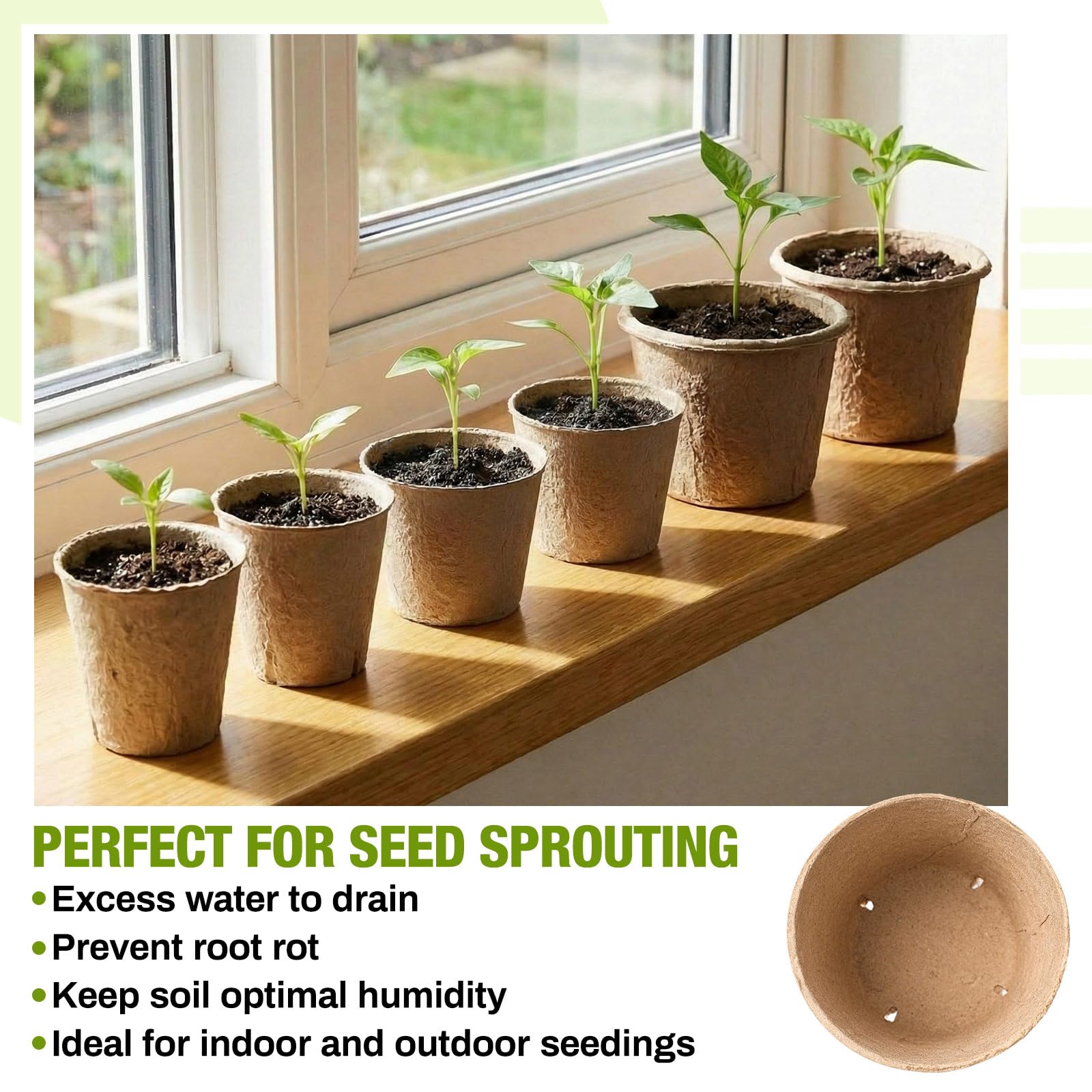 Karenhi peat pots with drainage holes promote aeration and moisture balance.