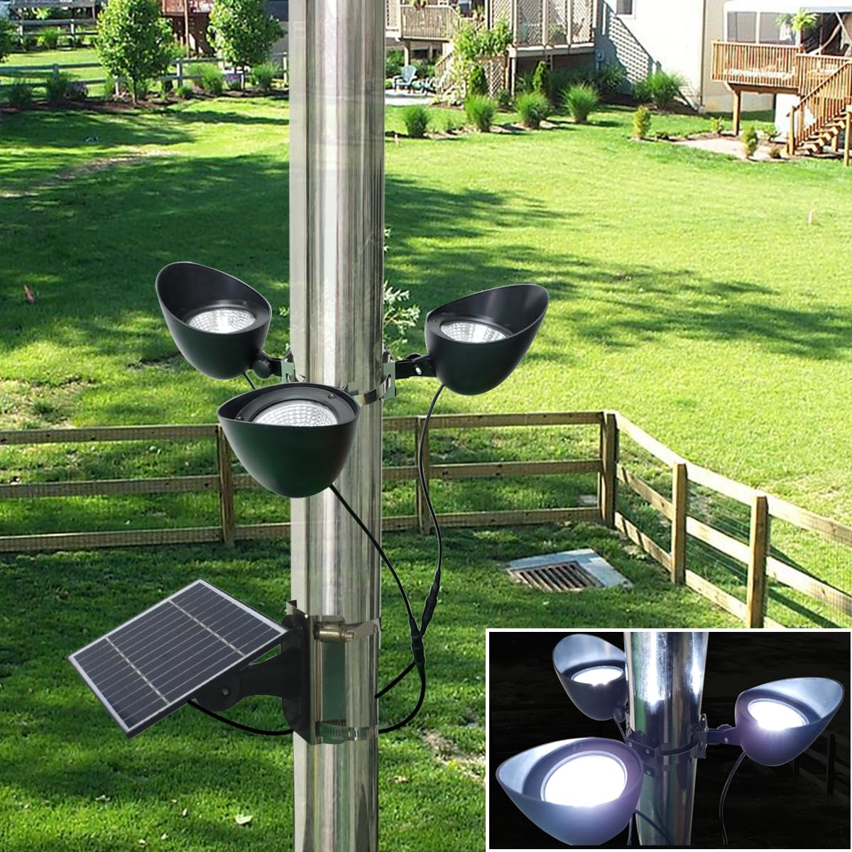 KARLIOBE flagpole light with three LEDs illuminating a flag at night