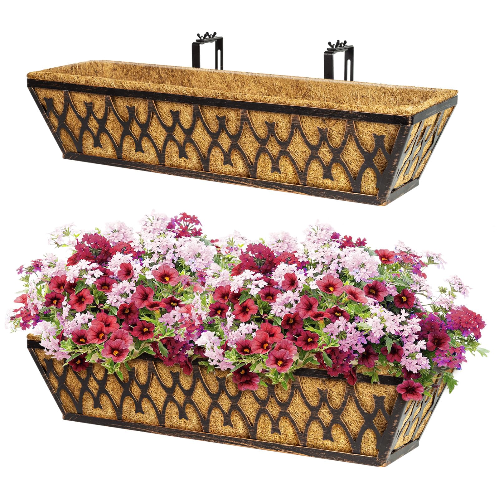 Karlliu 24-inch bronze window box ready to mount on a railing for vibrant blooms