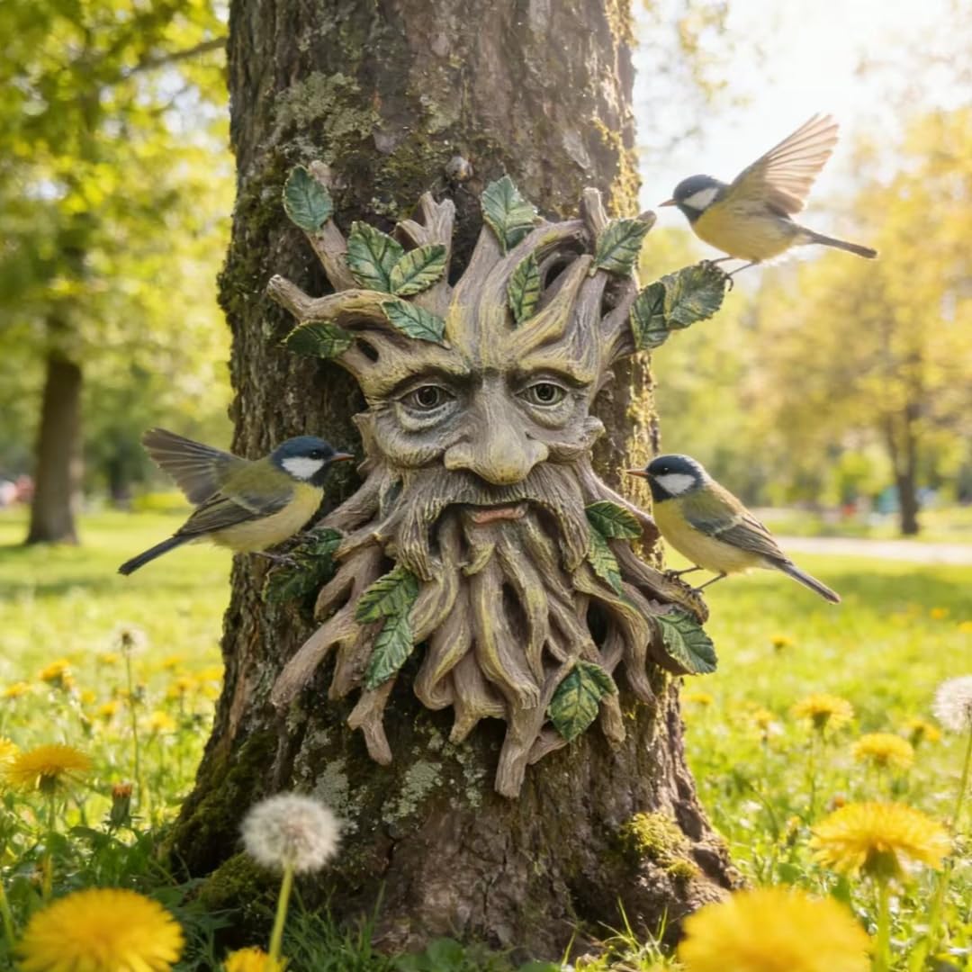 KARSTSYLVA forest spirit face features bark-like texture on outdoor decor.