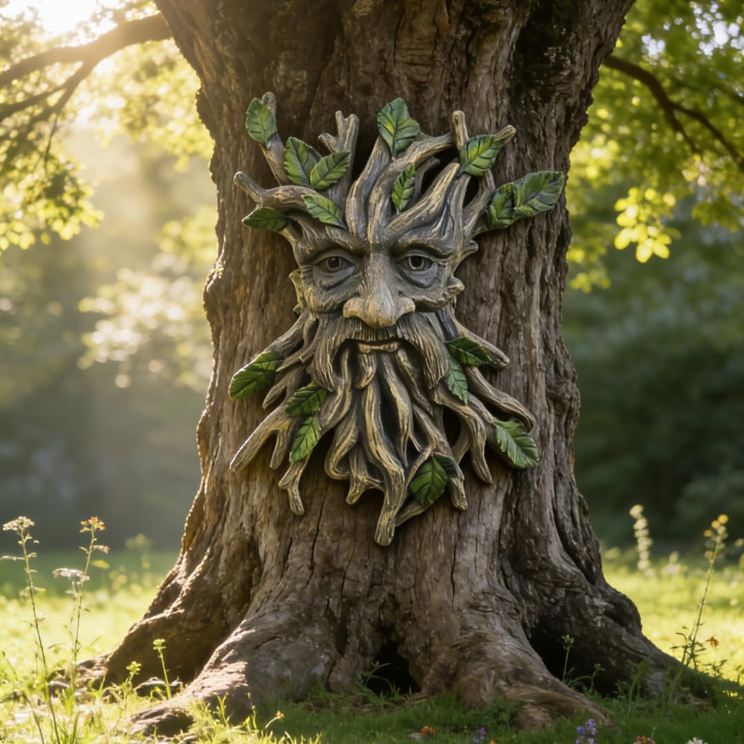 KARSTSYLVA whimsical tree face with flowing beard for woodland charm.