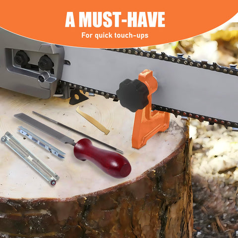 Karvayna stump vise securely clamps the bar for stable sharpening on wood.