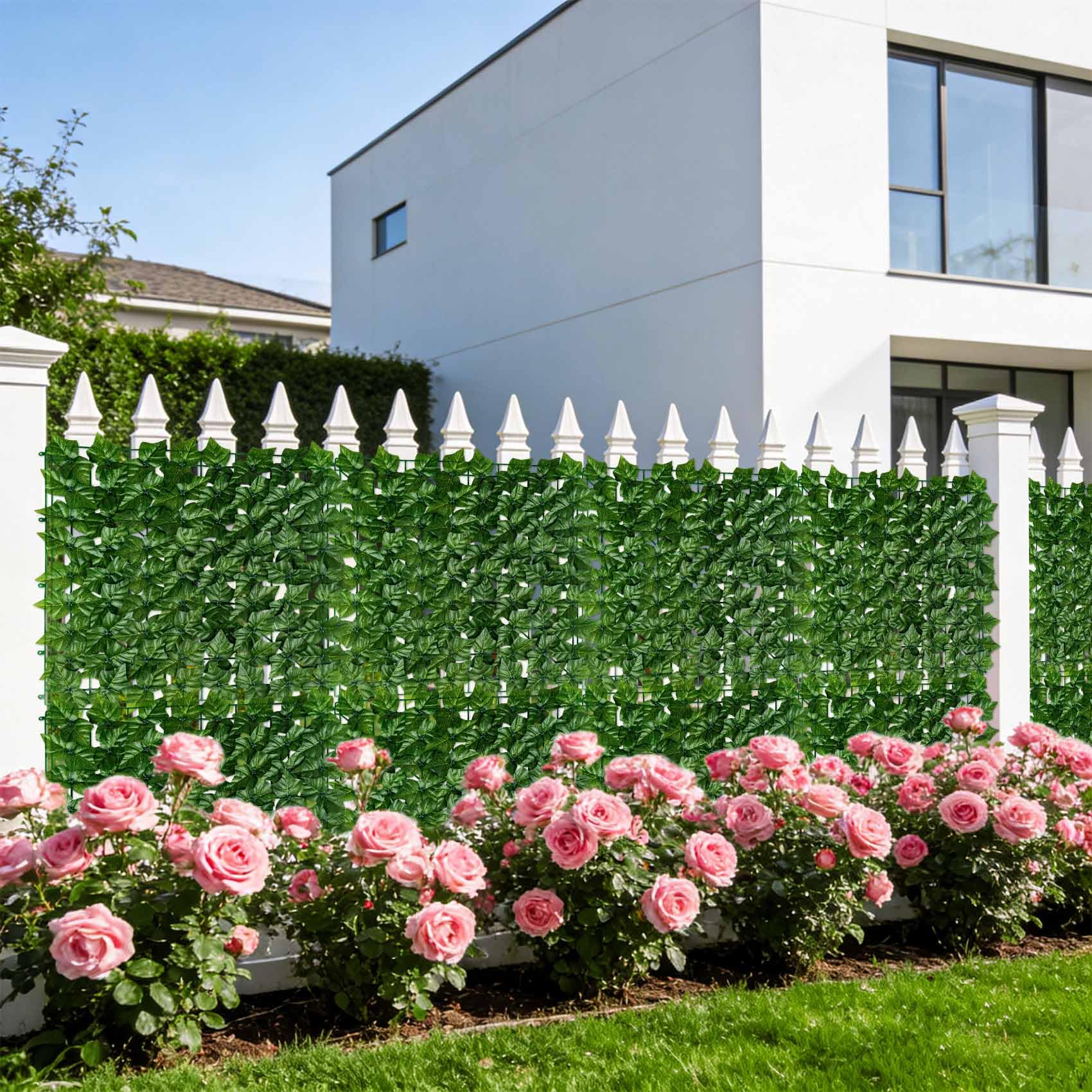 KASZOO artificial ivy fence panel close-up leaves highlighting silk-like texture for realism.