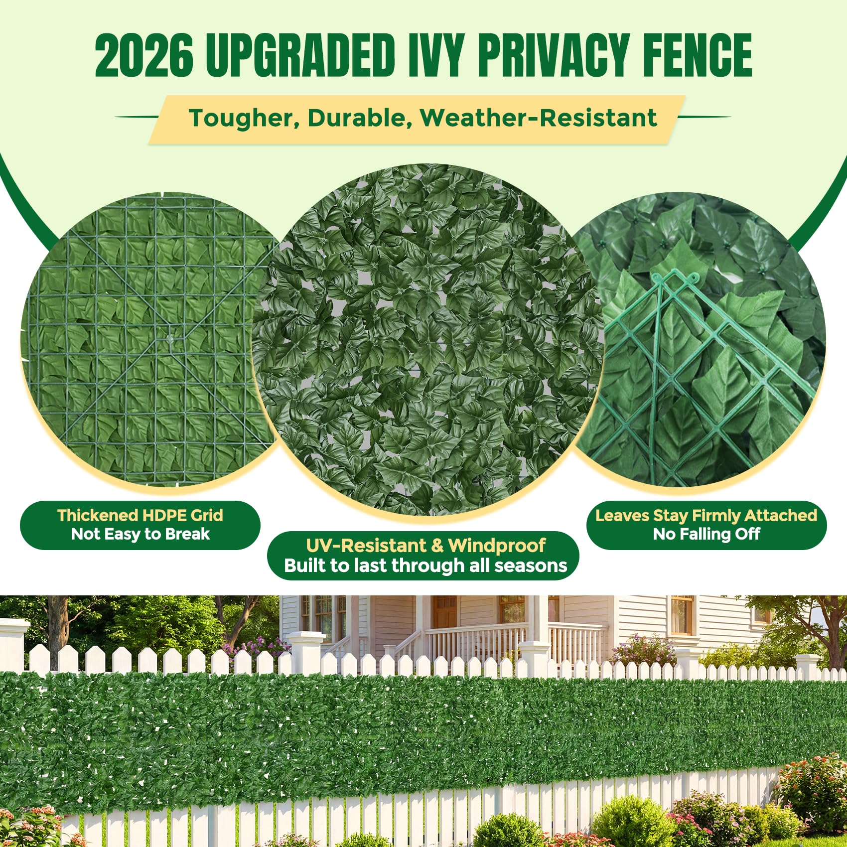 KASZOO ivy fence panel close-up highlights textured leaves for a natural look.