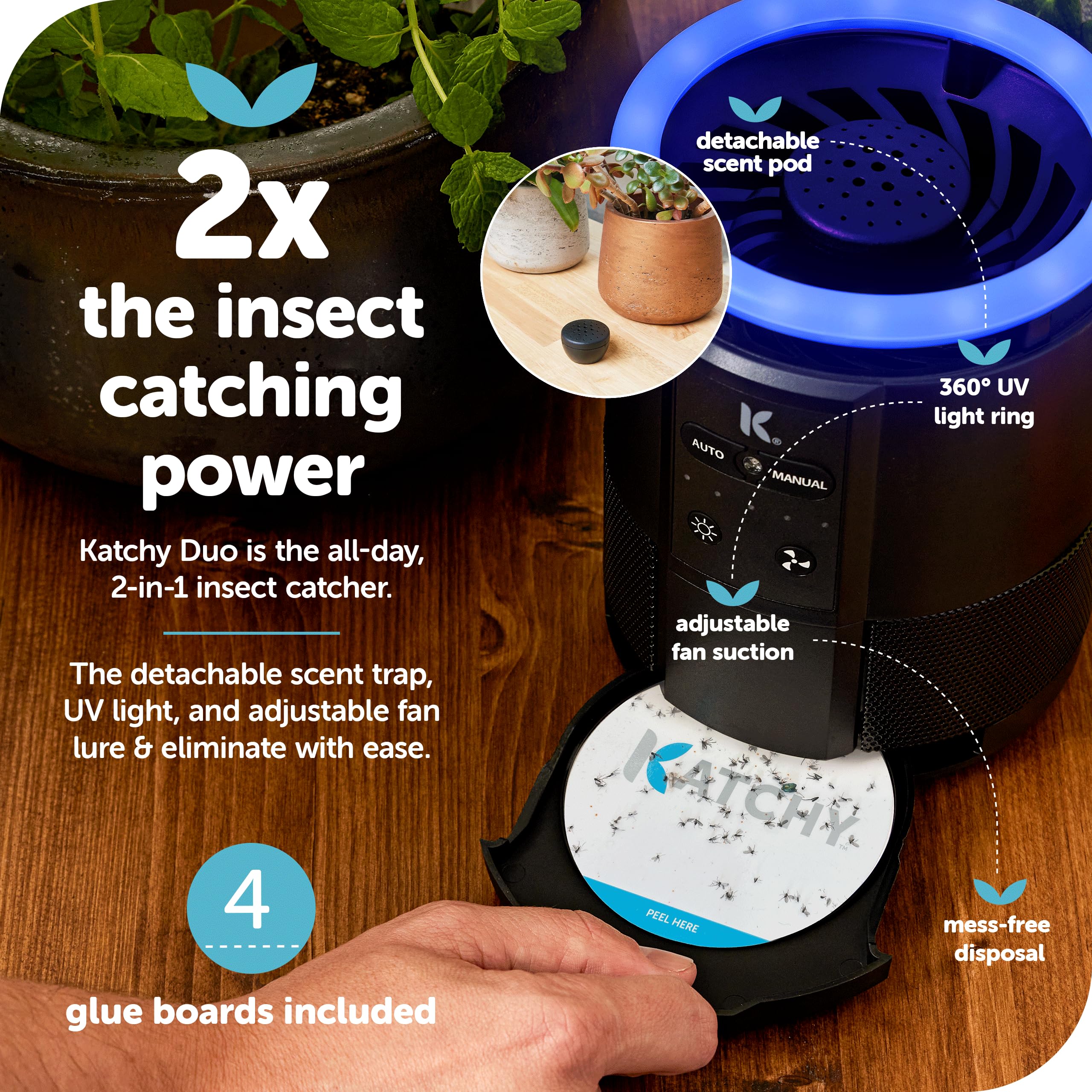 Katchy Duo removable bait pod provides flexible attractant options for pests.