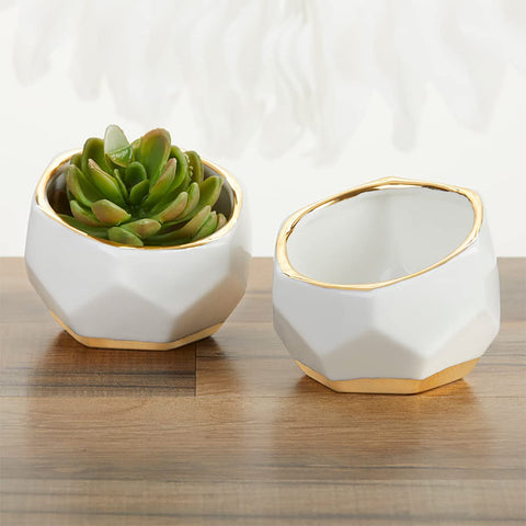 Close-up of Kate Aspen faceted ceramic planter showing modern edges and painted base