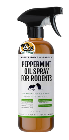 Kate Naturals Peppermint Oil Spray bottle pour deters rodents indoors with refreshing scent.