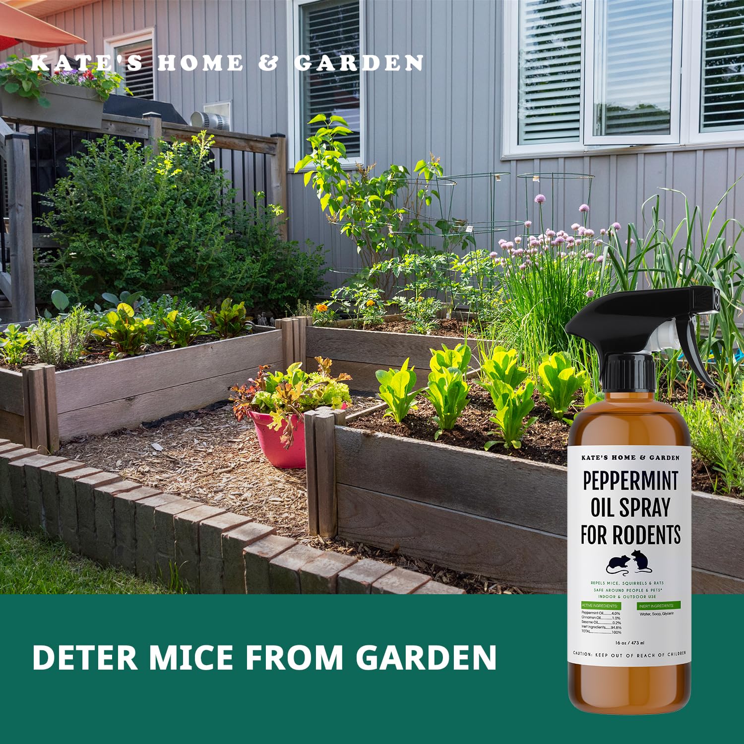 Kate Naturals Peppermint Oil Spray helps protect gardens and attics without harsh chemicals.