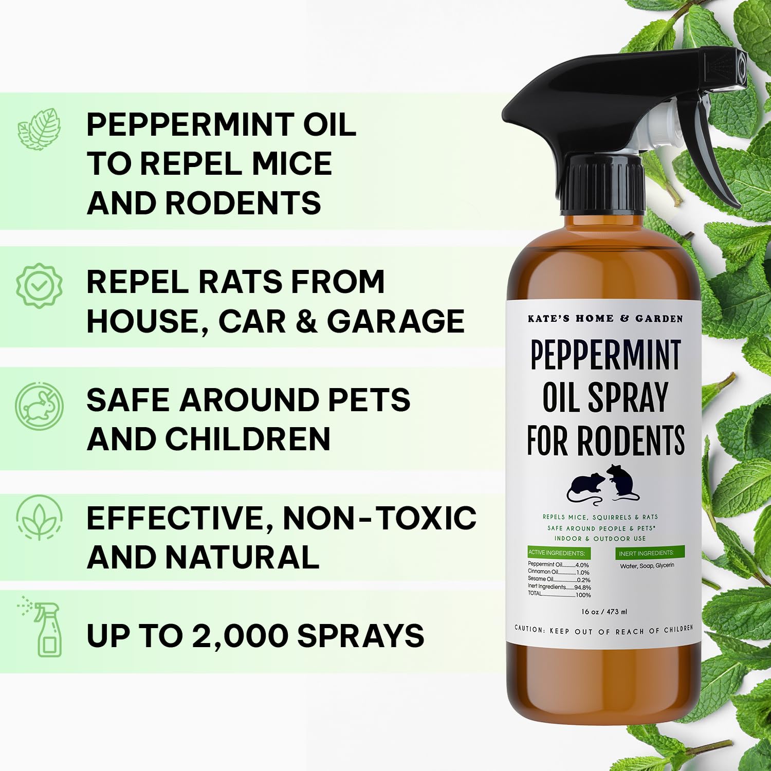 Kate Naturals Peppermint Oil Spray mist delivers quick deterrence with even coverage.