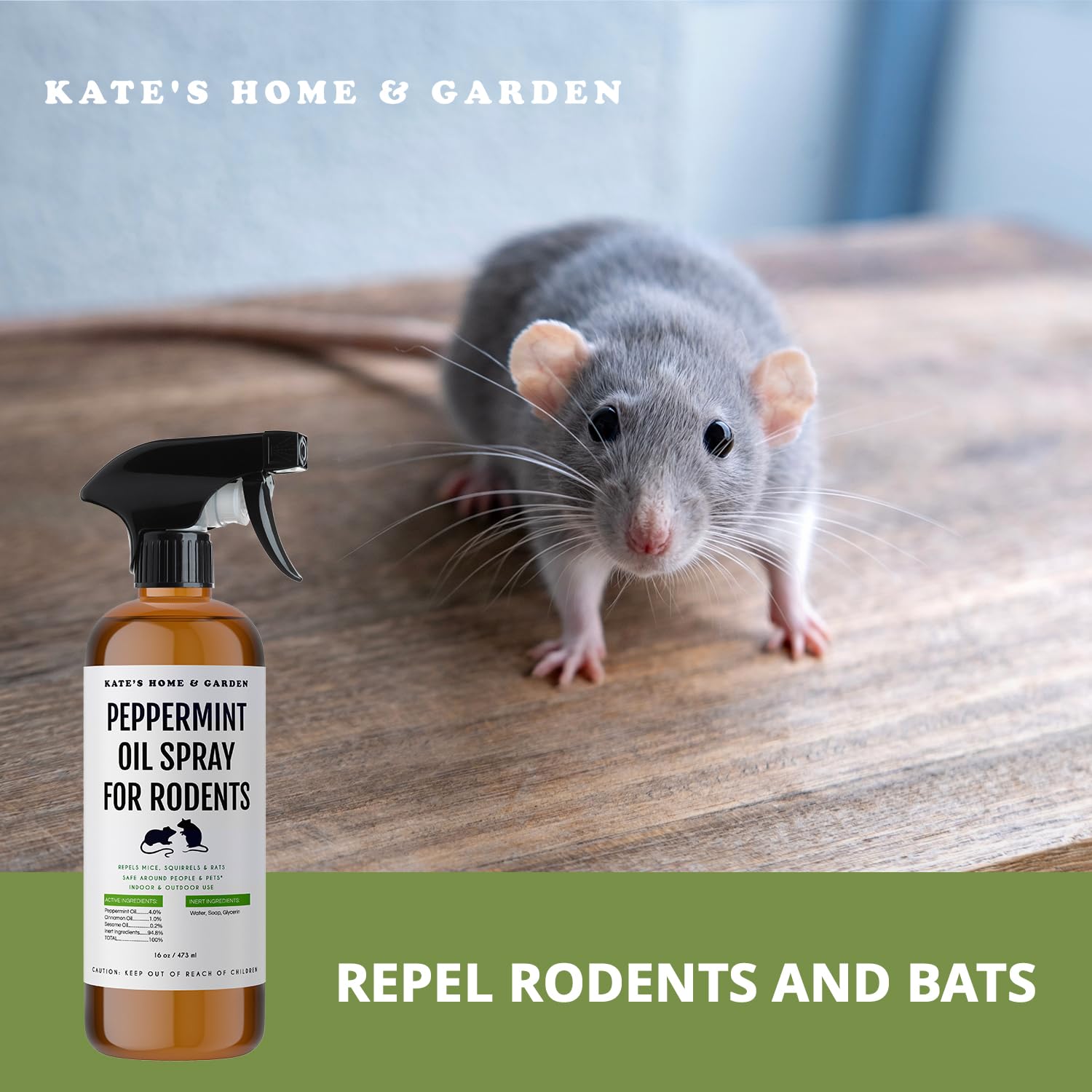 Kate Naturals Peppermint Oil Spray label highlights non-toxic, USA-made formula for peace of mind.