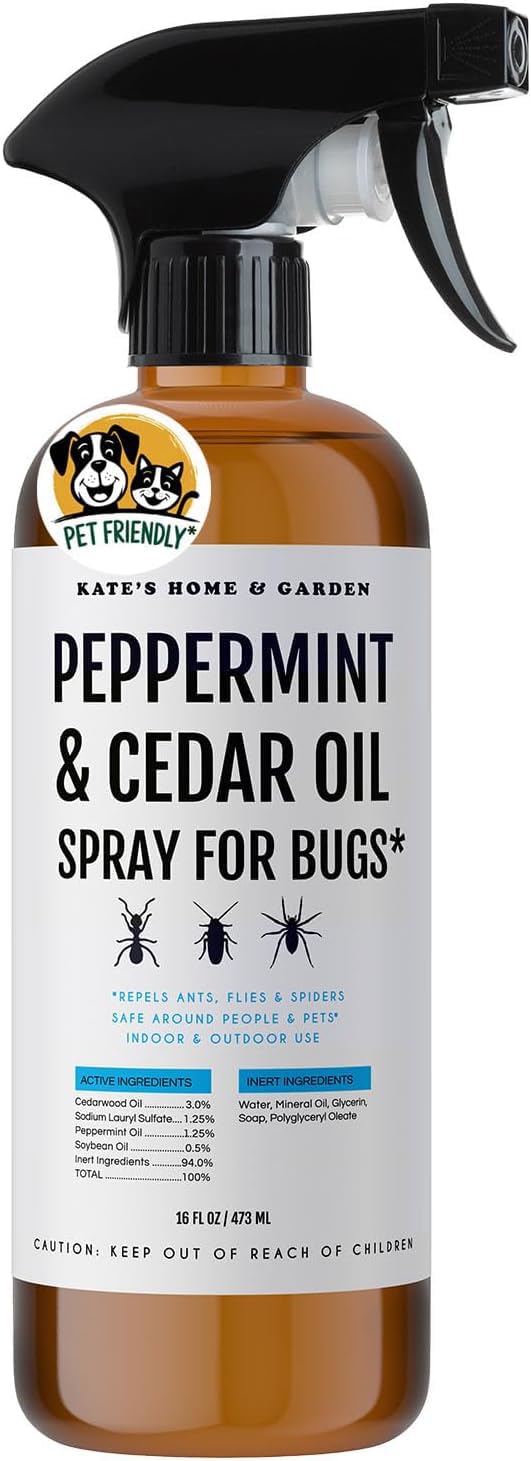 Kate's Home & Garden peppermint oil spray bottle for interior pest deterrence.