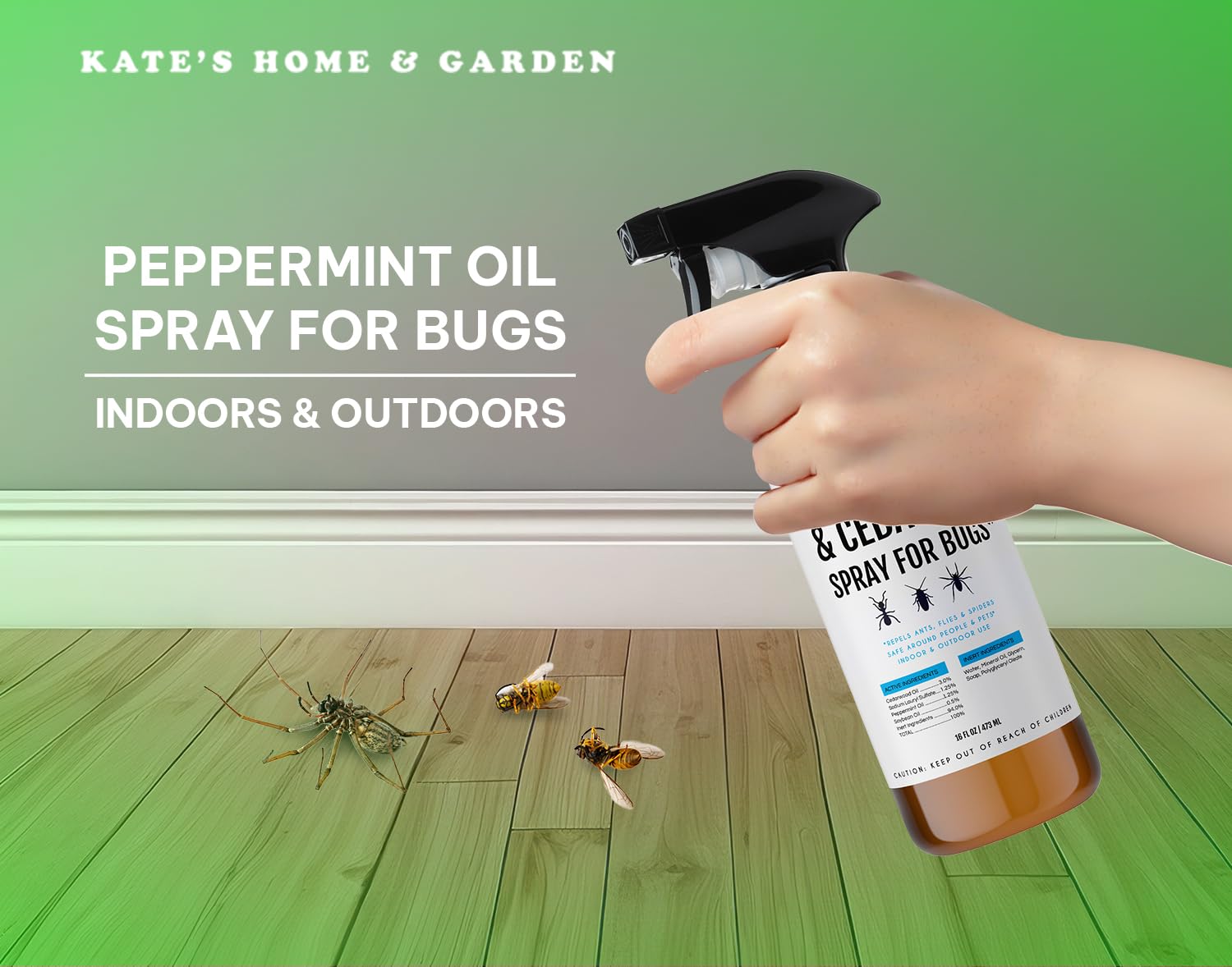 Peppermint oil spray being used indoors to deter spiders and insects.