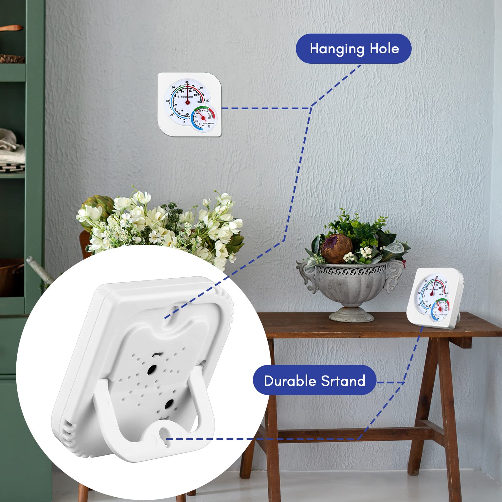 Kathfly thermometer humidity monitor bracket back shows standing or hanging setup