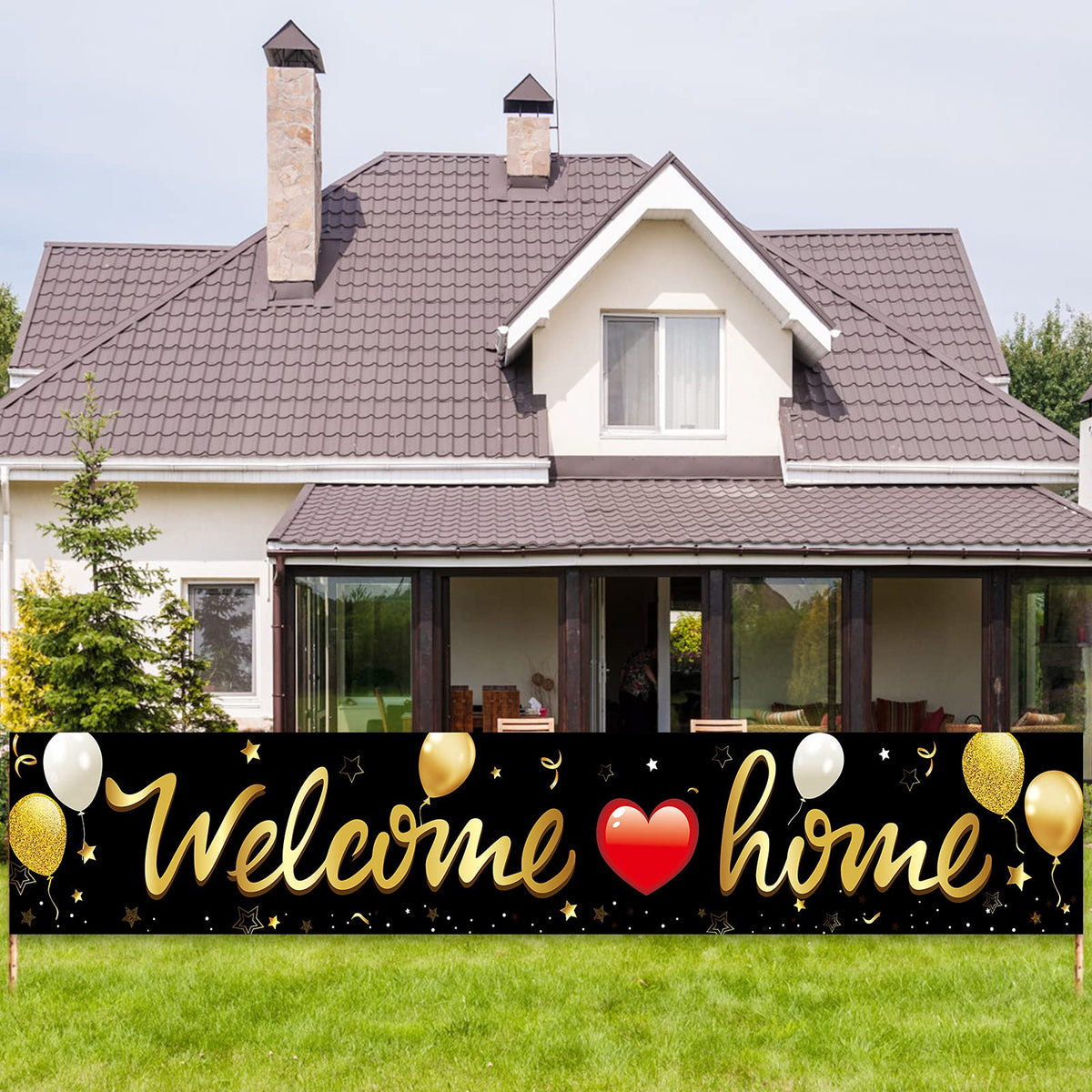 Kauayurk Welcome Home banner in black and gold for outdoor visibility and homecoming celebrations.