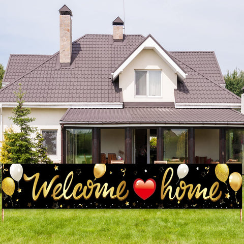 Kauayurk Welcome Home banner in black and gold for outdoor visibility and homecoming celebrations.